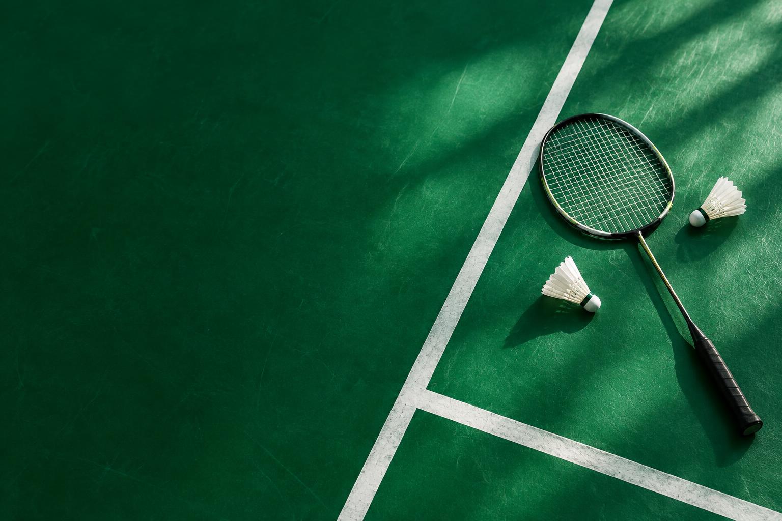 Badminton racket and shuttlecocks on a green court